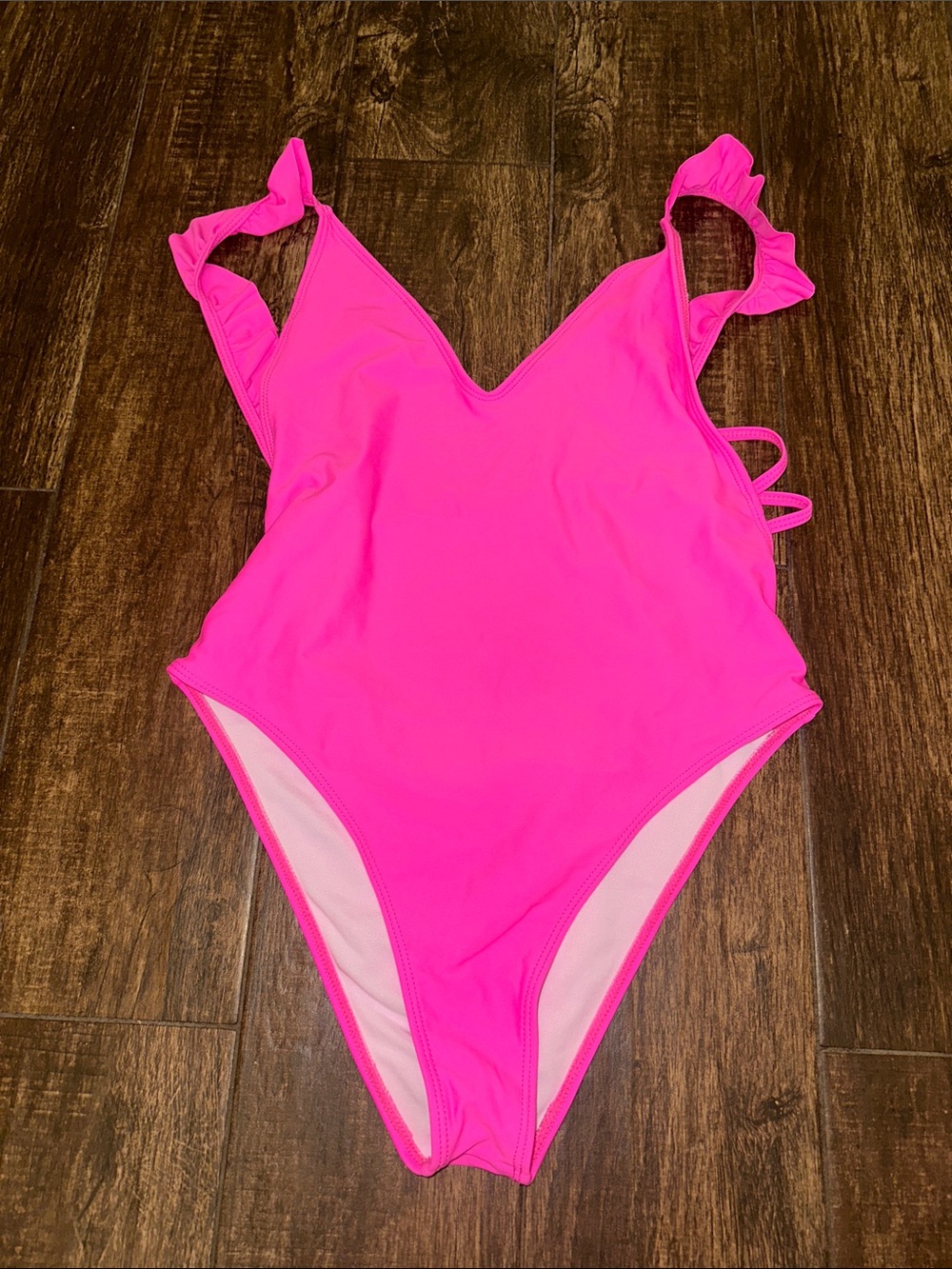 Hot Pink Ruffle Strap One Piece Swimsuit Size Large